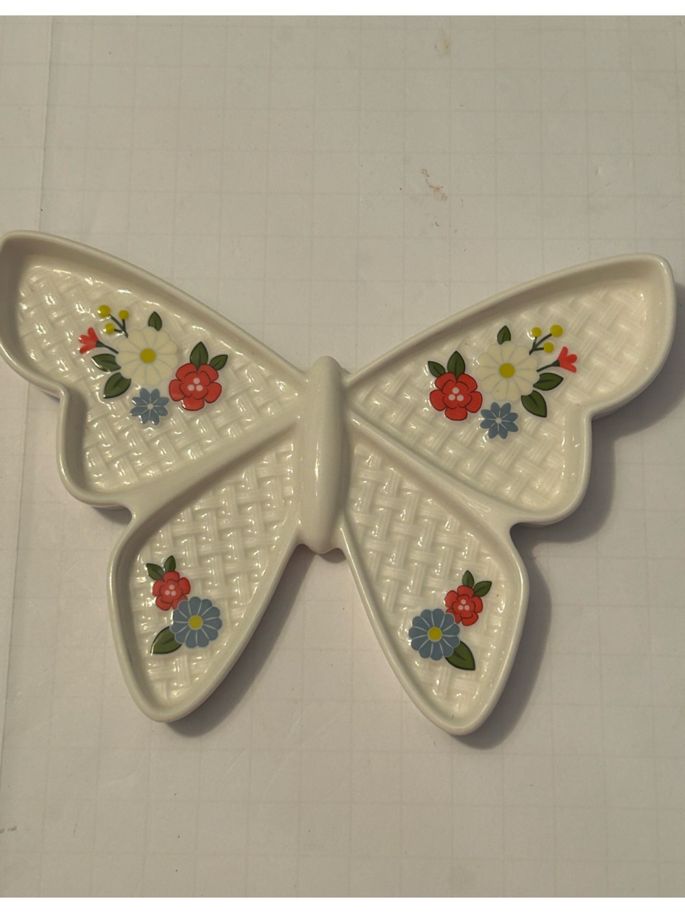 Hallmark White Butterfly Ceramic Dish with Multicolor Floral Motifs